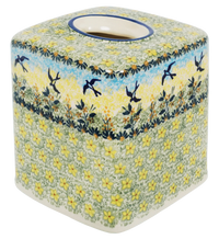 A picture of a Polish Pottery Tissue Box Cover (Soaring Swallows) | O003S-WK57 as shown at PolishPotteryOutlet.com/products/tissue-box-cover-soaring-swallows