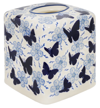 A picture of a Polish Pottery Tissue Box Cover (Blue Butterfly) | O003U-AS58 as shown at PolishPotteryOutlet.com/products/tissue-box-cover-blue-butterfly