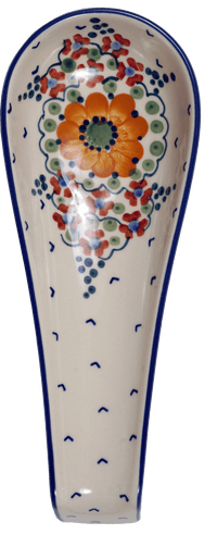 A picture of a Polish Pottery Spoon Rest W/Handle (Autumn Harvest) | P007S-LB as shown at PolishPotteryOutlet.com/products/spoon-base-medium-autumn-harvest