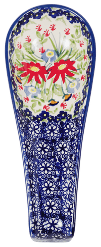 A picture of a Polish Pottery Spoon Rest, Large, 9.25" in "Floral Fantasy" by Manufaktura | P007S-P260 as shown at PolishPotteryOutlet.com/products/spoon-rest-w-handle-floral-fantasy-p007s-p260