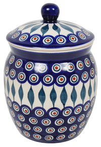 A picture of a Polish Pottery 2 Liter Canister (Peacock) | P074T-54 as shown at PolishPotteryOutlet.com/products/2-liter-canister-peacock-p074t-54