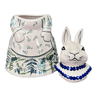 A picture of a Polish Pottery Rabbit Cookie Jar (Scattered Ferns) | P080S-GZ39 as shown at PolishPotteryOutlet.com/products/rabbit-cookie-jar-scattered-ferns-p080s-gz39