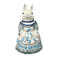 A picture of a Polish Pottery Rabbit Cookie Jar (Baby Blue Blossoms) | P080S-JS49 as shown at PolishPotteryOutlet.com/products/rabbit-cookie-jar-baby-blue-blossoms-p080s-js49
