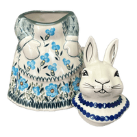 A picture of a Polish Pottery Rabbit Cookie Jar (Baby Blue Blossoms) | P080S-JS49 as shown at PolishPotteryOutlet.com/products/rabbit-cookie-jar-baby-blue-blossoms-p080s-js49