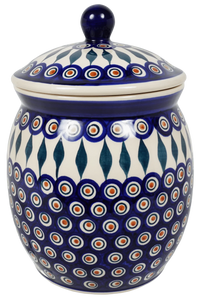 A picture of a Polish Pottery 4 Liter Canister (Peacock) | P081T-54 as shown at PolishPotteryOutlet.com/products/4-liter-canister-peacock