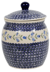 A picture of a Polish Pottery 3 Liter Canister (Lily of the Valley) | P083T-ASD as shown at PolishPotteryOutlet.com/products/canister-3l-lily-of-the-valley