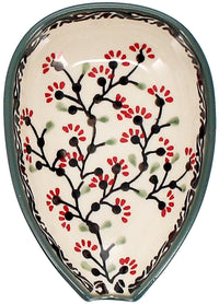 A picture of a Polish Pottery Small Spoon Rest (Cherry Blossom) | P093S-DPGJ as shown at PolishPotteryOutlet.com/products/spoon-rest-cherry-blossom-p093s-dpgj