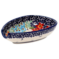 A picture of a Polish Pottery Small Spoon Rest (Brilliant Garden) | P093S-DPLW as shown at PolishPotteryOutlet.com/products/spoon-rest-brilliant-garden-p093s-dplw
