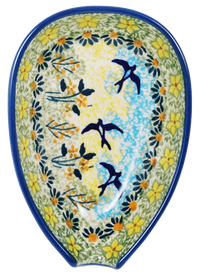 A picture of a Polish Pottery Spoon Rest, Small, 3.5" in "Soaring Swallows" by Manufaktura | P093S-WK57 as shown at PolishPotteryOutlet.com/products/spoon-rest-soaring-swallows