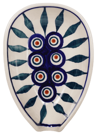 A picture of a Polish Pottery Small Spoon Rest (Peacock) | P093T-54 as shown at PolishPotteryOutlet.com/products/spoon-rest-peacock