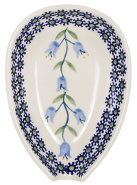 A picture of a Polish Pottery Small Spoon Rest (Lily of the Valley) | P093T-ASD as shown at PolishPotteryOutlet.com/products/spoon-rest-lily-of-the-valley