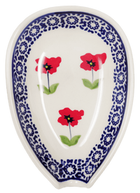 A picture of a Polish Pottery Small Spoon Rest (Poppy Garden) | P093T-EJ01 as shown at PolishPotteryOutlet.com/products/spoon-rest-poppy-garden