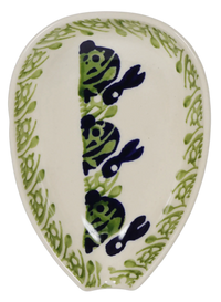 A picture of a Polish Pottery Small Spoon Rest (Bunny Love) | P093T-P324 as shown at PolishPotteryOutlet.com/products/spoon-rest-bunny-love