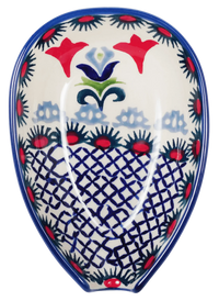 A picture of a Polish Pottery Small Spoon Rest (Scandinavian Scarlet) | P093U-P295 as shown at PolishPotteryOutlet.com/products/spoon-rest-scandinavian-scarlet