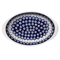 A picture of a Polish Pottery 7.5" x 12" Oval Baker (Peacock in Line) | P098T-54A as shown at PolishPotteryOutlet.com/products/7-5-x-12-oval-baker-peacock-in-line-p098t-54a