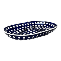 A picture of a Polish Pottery 7"x11" Oval Roaster (Hello Dotty) | P099T-9 as shown at PolishPotteryOutlet.com/products/7x11-oval-roaster-hello-dotty-p099t-9
