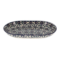 A picture of a Polish Pottery 7"x11" Oval Roaster (Peacock Parade) | P099U-AS60 as shown at PolishPotteryOutlet.com/products/7x11-oval-roaster-peacock-parade