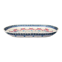 A picture of a Polish Pottery 7"x11" Oval Roaster (Floral Symmetry) | P099T-DH18 as shown at PolishPotteryOutlet.com/products/7x11-oval-roaster-floral-symmetry-p099t-dh18