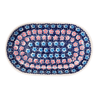 A picture of a Polish Pottery 7"x11" Oval Roaster (Daisy Circle) | P099T-MS01 as shown at PolishPotteryOutlet.com/products/7x11-oval-roaster-ms01-p099t-ms01