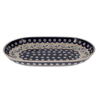 A picture of a Polish Pottery 7"x11" Oval Roaster (Periwinkle Chain) | P099T-P213 as shown at PolishPotteryOutlet.com/products/7x11-oval-roaster-periwinkle-chain