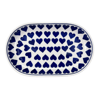 A picture of a Polish Pottery 7"x11" Oval Roaster (Whole Hearted) | P099T-SEDU as shown at PolishPotteryOutlet.com/products/7x11-oval-roaster-whole-hearted-p099t-sedu
