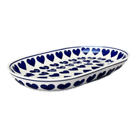 A picture of a Polish Pottery 7"x11" Oval Roaster (Whole Hearted) | P099T-SEDU as shown at PolishPotteryOutlet.com/products/7x11-oval-roaster-whole-hearted-p099t-sedu