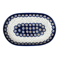 A picture of a Polish Pottery 7"x11" Oval Roaster (Peacock Dot) | P099U-54K as shown at PolishPotteryOutlet.com/products/7x11-oval-roaster-peacock-dot-p099u-54k