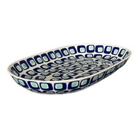 A picture of a Polish Pottery 7"x11" Oval Roaster (Blue Retro) | P099U-602A as shown at PolishPotteryOutlet.com/products/7x11-oval-roaster-blue-retro-p099u-602a