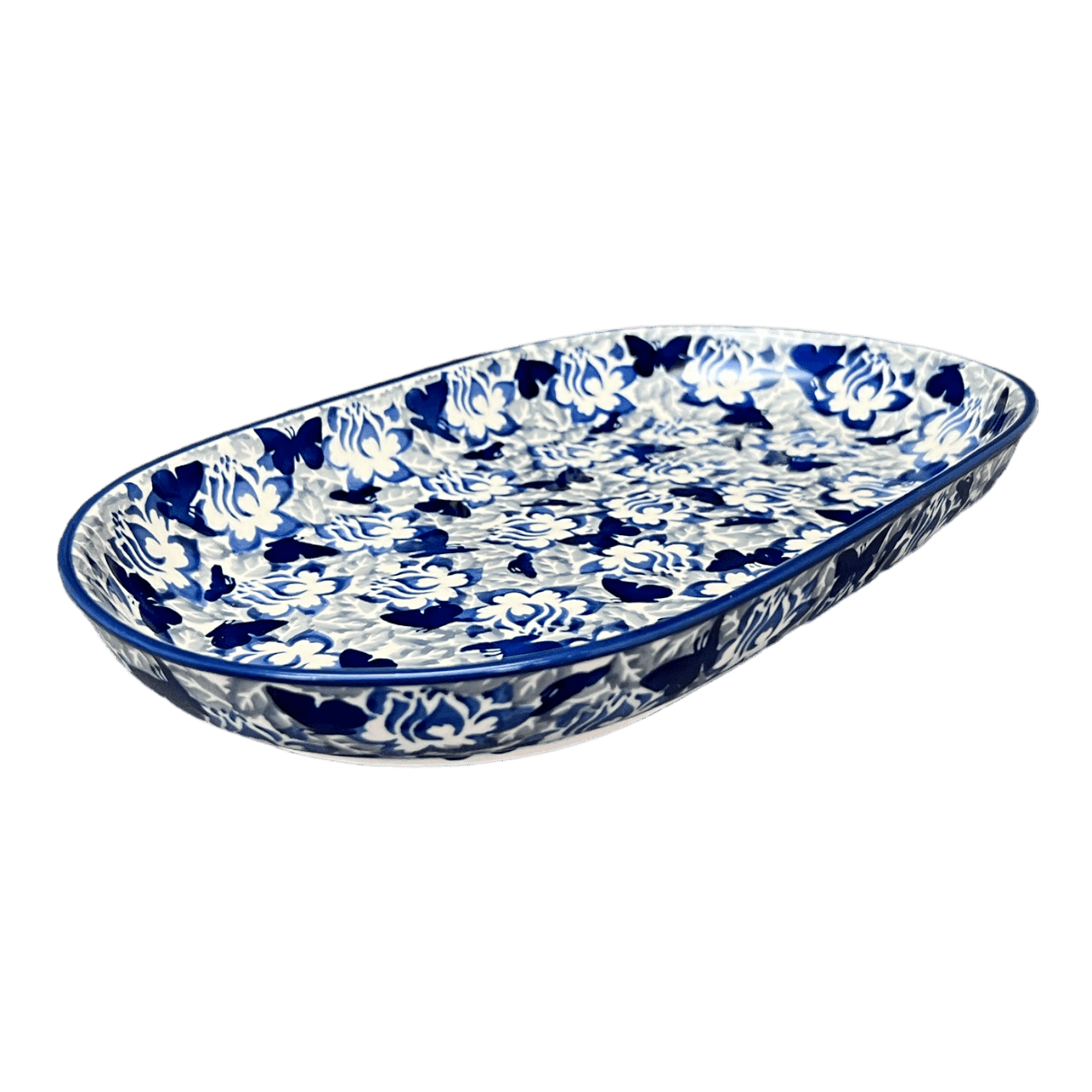 Plate, Roaster, Oval, 7"x11" in "Dusty Blue Butterflies" by Manufaktura | P099U-AS56