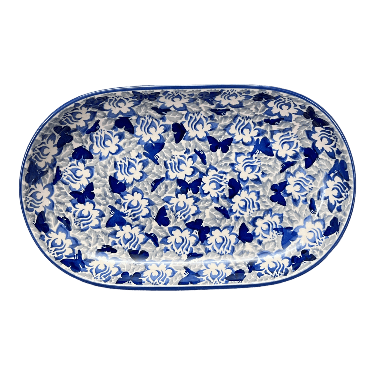 Plate, Roaster, Oval, 7"x11" in "Dusty Blue Butterflies" by Manufaktura | P099U-AS56