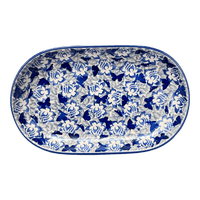 A picture of a Polish Pottery 7"x11" Oval Roaster (Dusty Blue Butterflies) | P099U-AS56 as shown at PolishPotteryOutlet.com/products/7x11-oval-roaster-dusty-blue-butterflies-p099u-as56