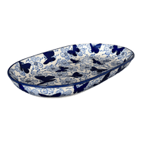 A picture of a Polish Pottery 7"x11" Oval Roaster (Blue Butterfly) | P099U-AS58 as shown at PolishPotteryOutlet.com/products/7x11-oval-roaster-blue-butterfly-p099u-as58