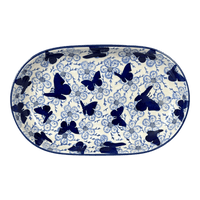 A picture of a Polish Pottery 7"x11" Oval Roaster (Blue Butterfly) | P099U-AS58 as shown at PolishPotteryOutlet.com/products/7x11-oval-roaster-blue-butterfly-p099u-as58