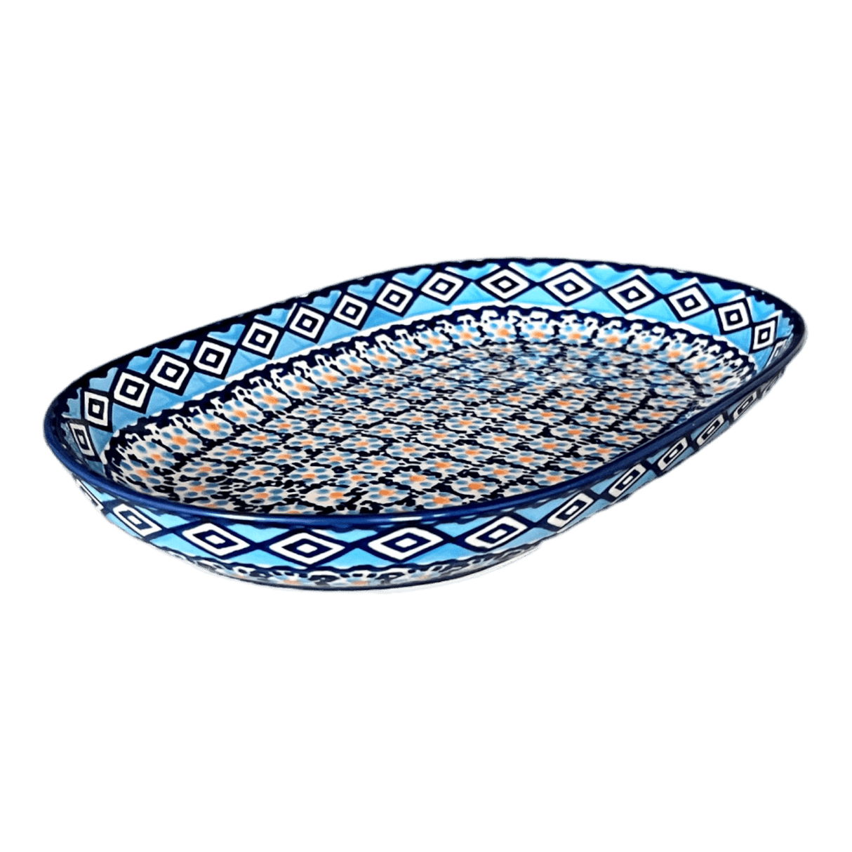 Plate, Roaster, Oval, 7"x11" in "Blue Diamond" by Manufaktura | P099U-DHR