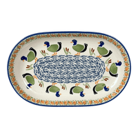 A picture of a Polish Pottery 7"x11" Oval Roaster (Ducks in a Row) | P099U-P323 as shown at PolishPotteryOutlet.com/products/7x11-oval-roaster-ducks-in-a-row-p099u-p323