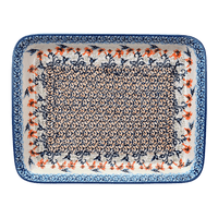 A picture of a Polish Pottery 9"x11" Rectangular Baker (Hummingbird Harvest) | P104S-JZ35 as shown at PolishPotteryOutlet.com/products/9x11-rectangular-baker-hummingbird-harvest-p104s-jz35