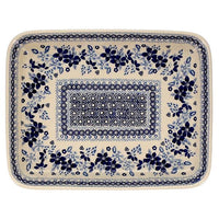 A picture of a Polish Pottery 9"x11" Rectangular Baker (Duet in Blue) | P104S-SB01 as shown at PolishPotteryOutlet.com/products/9x11-rectangular-baker-duet-in-blue