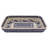 A picture of a Polish Pottery 9"x11" Rectangular Baker (Duet in Blue) | P104S-SB01 as shown at PolishPotteryOutlet.com/products/9x11-rectangular-baker-duet-in-blue
