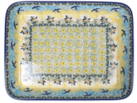 A picture of a Polish Pottery 9"x11" Rectangular Baker (Soaring Swallows) | P104S-Wk57 as shown at PolishPotteryOutlet.com/products/9x11-rectangular-baker-soaring-swallows