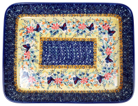 A picture of a Polish Pottery 9"x11" Rectangular Baker (Butterfly Bliss) | P104S-WK73 as shown at PolishPotteryOutlet.com/products/9x11-rectangular-baker-butterfly-bliss
