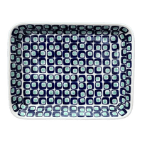 A picture of a Polish Pottery 9"x11" Rectangular Baker (Blue Retro) | P104U-602A as shown at PolishPotteryOutlet.com/products/9x11-rectangular-baker-blue-retro-p104u-602a