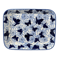 A picture of a Polish Pottery 9"x11" Rectangular Baker (Blue Butterfly) | P104U-AS58 as shown at PolishPotteryOutlet.com/products/9x11-rectangular-baker-blue-butterfly-p104u-as58
