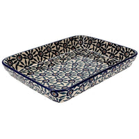 A picture of a Polish Pottery 9"x11" Rectangular Baker (Peacock Parade) | P104U-AS60 as shown at PolishPotteryOutlet.com/products/9x11-rectangular-baker-peacock-parade