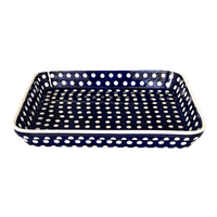 A picture of a Polish Pottery 10" x 13" Rectangular Baker (Hello Dotty) | P105T-9 as shown at PolishPotteryOutlet.com/products/10-x-13-rectangular-baker-hello-dotty-p105t-9