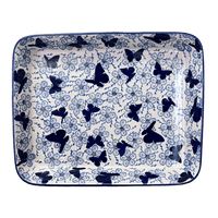 A picture of a Polish Pottery 10" x 13" Rectangular Baker (Blue Butterfly) | P105U-AS58 as shown at PolishPotteryOutlet.com/products/10-x-13-rectangular-baker-blue-butterfly-p105u-as58