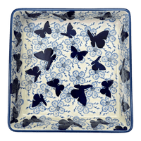 A picture of a Polish Pottery 8" Square Baker (Blue Butterfly) | P151U-AS58 as shown at PolishPotteryOutlet.com/products/8-square-baker-blue-butterfly-p151u-as58