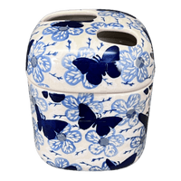 A picture of a Polish Pottery Toothbrush Holder (Blue Butterfly) | P213U-AS58 as shown at PolishPotteryOutlet.com/products/toothbrush-holder-blue-butterfly-p213u-as58