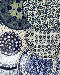A picture of a Polish Pottery 9" Round Tray (Peacock Dot) | T115U-54K as shown at PolishPotteryOutlet.com/products/9-round-tray-peacock-dot-t115u-54k
