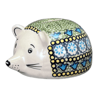 A picture of a Polish Pottery Hedgehog Bank (Blue Bells) | S005S-KLDN as shown at PolishPotteryOutlet.com/products/hedgehog-bank-blue-bells-s005s-kldn