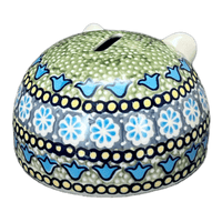 A picture of a Polish Pottery Hedgehog Bank (Blue Bells) | S005S-KLDN as shown at PolishPotteryOutlet.com/products/hedgehog-bank-blue-bells-s005s-kldn